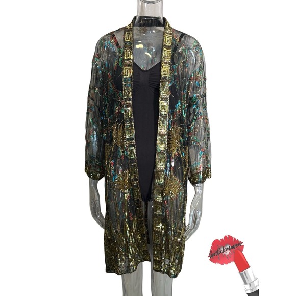 Ramana Jackets & Blazers - Vintage Ramana Duster Jacket One Size Black Floral Metallic Lame Kimono Cover Up